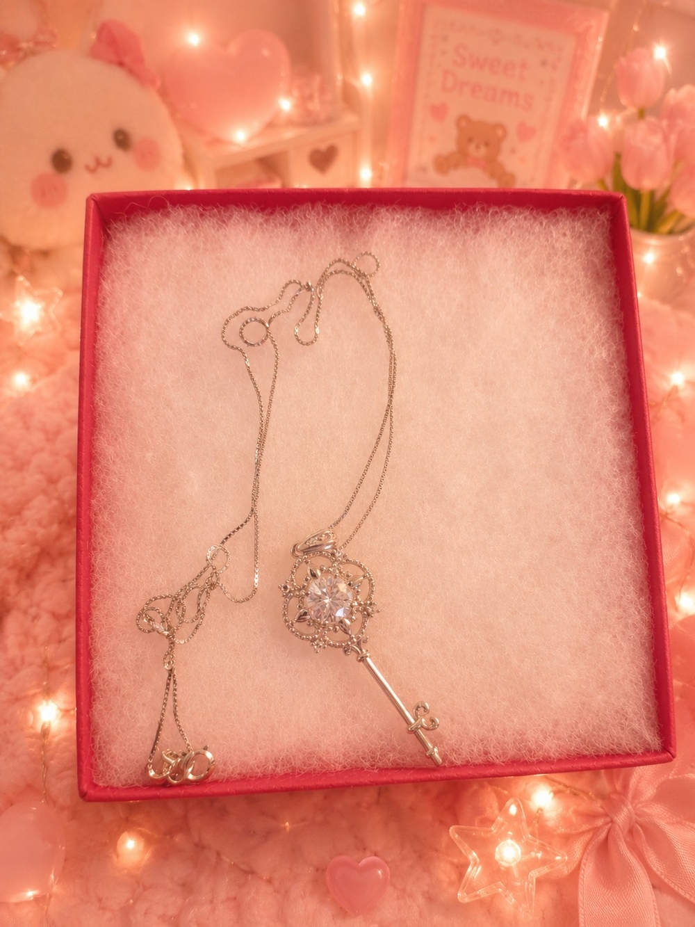 Silver Key Pendant Necklace with Clear Crystal Accent - Women Jewelry